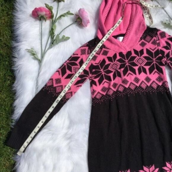 Justice Long Sweater Dress Junior 14 Pink Black Snowflake Hood Knit Winter - Picture 6 of 8
